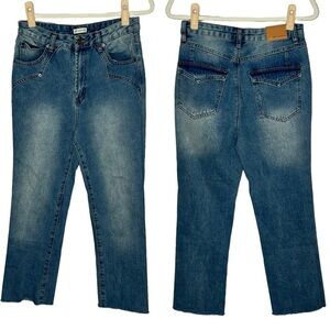 AVEC LES FILLES High Rise Straight Leg Raw Hem Denim Jeans